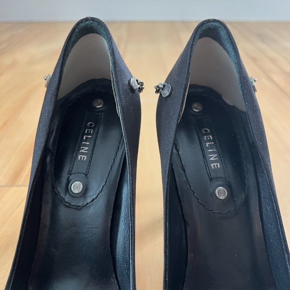 Celine Peep Toe Black Satin Pumps with Chain on Back Size 36.5 $895 - Picture 10 of 14